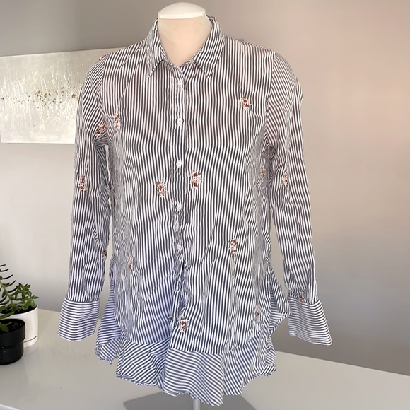 M Zara Women Blue/White Striped Long Sleeve Button Shirt w/ Floral Embroidery - Picture 1 of 9